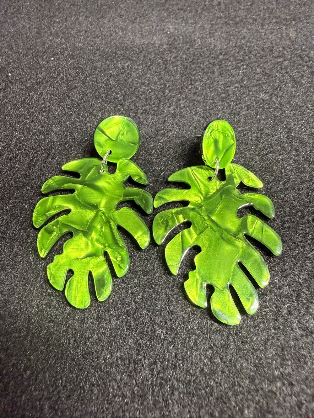 Italian Jewelry Green Monstera Leaf Statement Earrings Lightweight Plastic